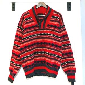 Cesarani L Wool Pullover Nordic Sweater Button Collar Stripe Geometric Knit Top
